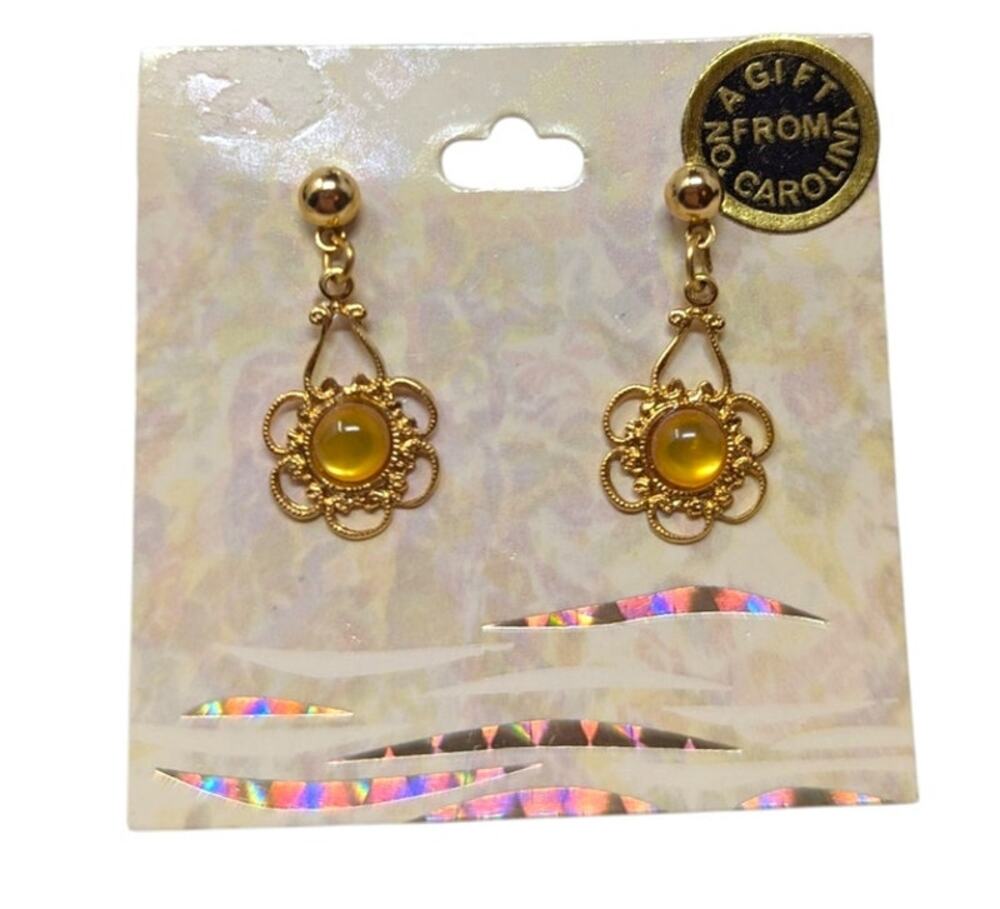 Vintage 14K Gold Plated Mother of Pearl Drop Earrings Floral Filigree USA Made